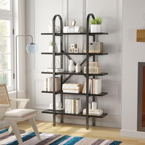 Wide Bookshelf Arched Bookcase, Industrial 5 Tier Open Book Shelves with Metal Frame, 72" Tall Freestanding Heavy Duty Display Rack for Home Office, Living Room,Black,Easy Assembly - color: Black, size: 5 Tier Arched Wide