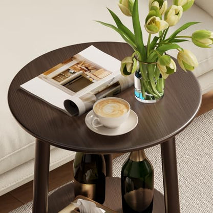 Round End Table,Solid Wood Small Round Table with Lower Shelf,Round Side Table,Nightstand for Small Spaces,Living Room,Bedroom(Walnut) - color: Walnut