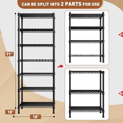 REIBII 7-Tier Metal Shelving Unit, 71’’H x 18’’W x 18’’D, 1176 LBS Weight Capacity, Adjustable Garage Shelving for Storage, Heavy Duty Shelves for Kitchen, Living Room, Bathroom etc. | 18"W x 18"D, Leveling feet, Rust-proof coating, 10-min Tool-free assem