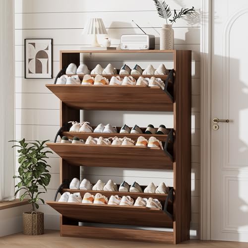 Xixini Shoe Storage Cabinet for Entryway with 3 Flip Drawers, Sturdy Wood Hidden Shoe Storage, Freestanding Narrow Slim Shoe Organizer for Front Door Entrance, Living Room, Hallway, Bedroom, Walnut - color: Walnut, size: 3 Drawers without Rack