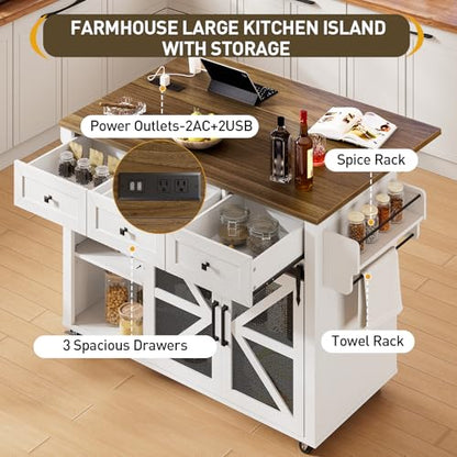 Kitchen Island with Storage, 55" Kitchen Cart with Charging Station, Rolling Kitchen Island Table with Drop-Leaf, 3 Drawers, Barn Doors, Towel Rack and Spice Rack, White and Walnut - color: White + Walnut