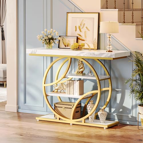 Huuger 41.3 Inch Entryway Table with Marble Top, Modern Console Sofa Table, Accent Table with Shelves, for Entry, Hallway, Entrance, Foyer, O-Shaped Metal Frame, White Marble & Gold - color: Marble Gold, size: 11.8"D x 41.3"W x 31.5"H