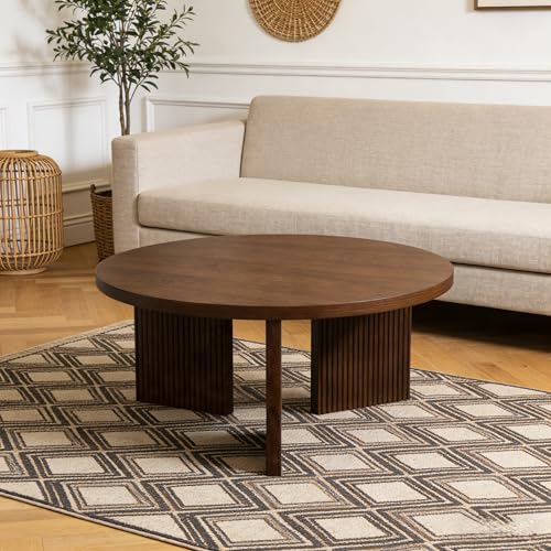 35" Wooden Round Coffee Table, Brown | Smooth Thick Coffee Table, Low Circle Center Table with X Shaped Stable Legs, Accent Tea Table for Living Room, Office - color: Brown, style: Coffee Table