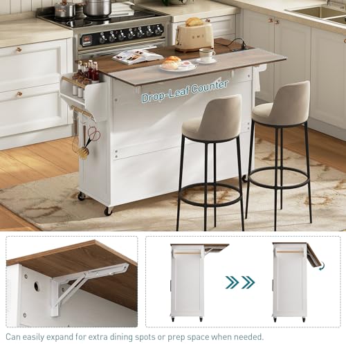 RALGEND Kitchen Island with Drop Leaf & Power Outlet, Rolling Kitchen Island Cart On Wheels, Barn Door Kitchen Island Table with Storage and Tower Rack, Island Table for Kitchen, White and Walnut - color: White + Walnut