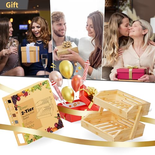 Hellojin Bamboo 2 Tier Fruit Basket with Dual Banana Hangers | Wooden Tiered Organizer, Protective Mats, Large Capacity, Versatile Holder for Bread, Snacks, Veggies, Onion and Potato - color: Bamboo-2 tier