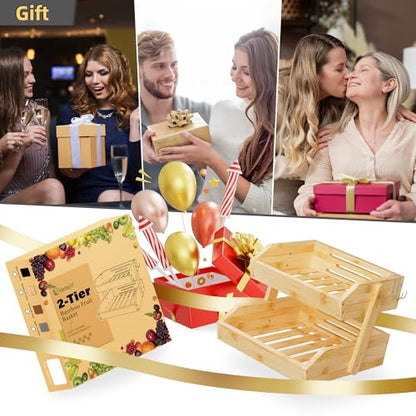 Hellojin Bamboo 2 Tier Fruit Basket with Dual Banana Hangers | Wooden Tiered Organizer, Protective Mats, Large Capacity, Versatile Holder for Bread, Snacks, Veggies, Onion and Potato - color: Bamboo-2 tier