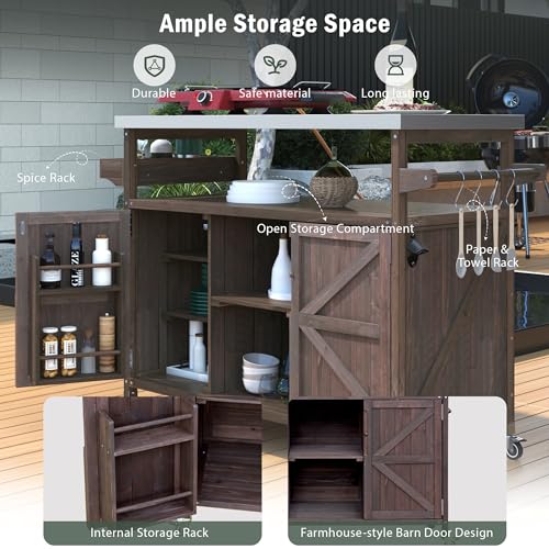 Merax 50" Outdoor Kitchen Grill Cart Island on Wheels with Stainless Steel Top,Farmhouse Style Solid Wood Frame Storage Cabinet for Backyard - color: Dark Brown