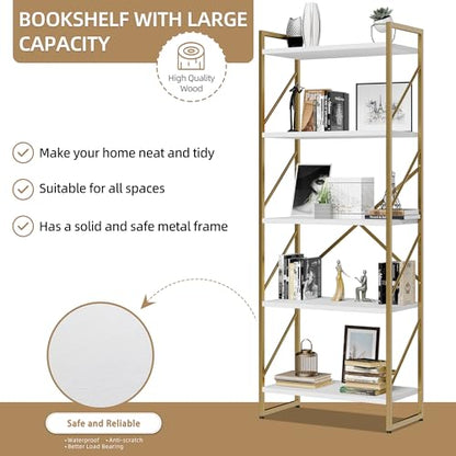 Vongrasig 5 Tier Bookshelf, Modern Tall Bookcase, Industrial Book Shelves Display Standing Shelf, Free Standing Storage Organizer for Bedroom, Living Room, White+Gold - color: White+gold