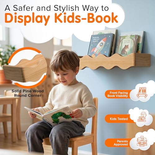 Ovalo Nursery Book Shelves Set of 2 - Solid Pine Wood Nursery Bookshelf, Floating Nursery Shelves for Wall, Wall Bookshelf for Kids Room, No-Assembly Wall Mounted Baby Book Shelf. (Natural Wood) - color: Natural Wood