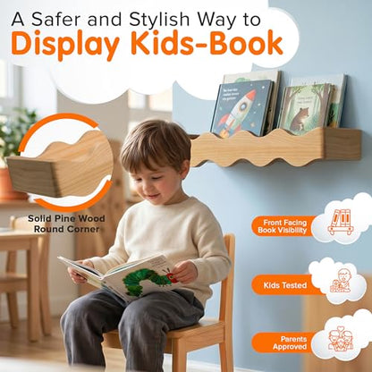 Ovalo Nursery Book Shelves Set of 2 - Solid Pine Wood Nursery Bookshelf, Floating Nursery Shelves for Wall, Wall Bookshelf for Kids Room, No-Assembly Wall Mounted Baby Book Shelf. (Natural Wood) - color: Natural Wood