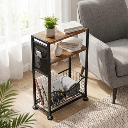 Skinny Side Table with Storage, 3 Tier Slim Side Tables for Small Spaces, Skinny End Table Narrow Bedside Table Narrow Side Table for Living Room, Bedroom - color: Rustic Brown