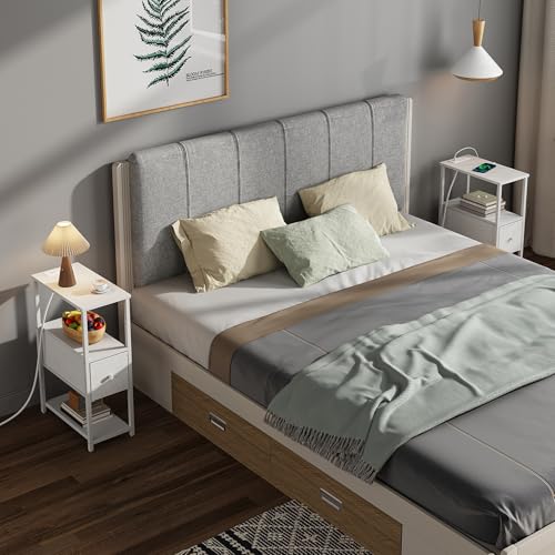TUTOTAK Small Narrow End Table with Charging Station, Set of 2, Side Table with Outlets, Nightstand with Cloth Drawer, Couch Table, for Living Room, Bedroom, Bedside, White TB01BW058 - color: White, style: 1 Drawer & Plug