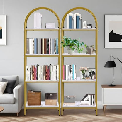 Garvee Arched Bookshelf 4 Tier,Arched Display Racks,Tall Standing Bookshelves with Metal Frame,Modern Open Storage Shelf Display Rack for Bedroom, Living Room, Home Office - color: 4-tier Reinforce-white+gold