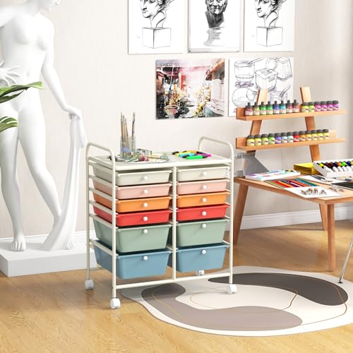 DREAMADE Rolling Cart with Storage Drawers, Utility Cart with Removable Plastic Drawers, Lockable Wheels, Art Cart for Classroom Organization Art Supplies Office Scrapbook (12 Drawers, Macaron) - color: Macaron, style: 12 Drawers