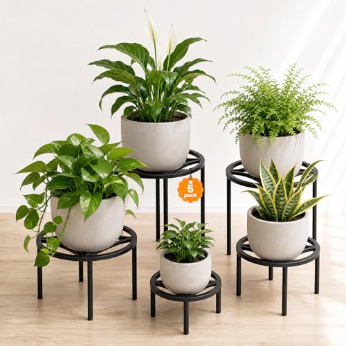TOSKING 5-Pack Fully Assembled Heavy Duty Metal Plant Stands – Layered Indoor/Outdoor Display, Original Modern Geometric Flower Holder with Multiple Height Options, Rustproof, Adjustable Feet, 150-220 LBS Capacity, Sturdy & Durable for Outdoor, No Install