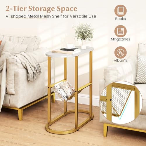 Giantex Oval Narrow Side Table, Set of 2 Small End Table with Magazine Rack Sling Holder Pouch, Modern Slim Nightstand, Bedside Tables for Living Room Bedroom Couch Small Spaces, White & Gold - color: White & Gold