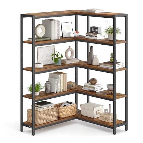 VASAGLE 5 Tier Bookshelf with Metal Frame, Convertible Industrial Corner Shelf, 9.4 x 52.8 x 55.9 Inches, for Living Room, Bedroom, Home Office, Rustic Brown and Ink Black ULLS815KD01 - size: 5 Tiers (52.8"W)