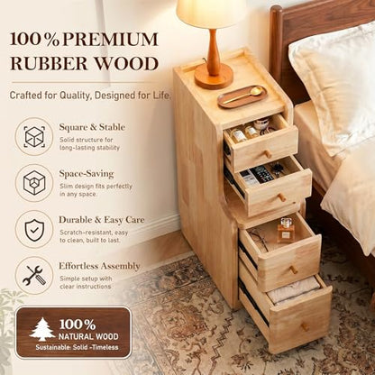 Narrow Nightstand with 4 Drawers, 7.9" Solid Wood Narrow Bedside Table Natural with Open Shelf & Cable Hole, Modern Night Stand Slim Bedside Table for Bedroom(Fully Assembly) - color: Natural