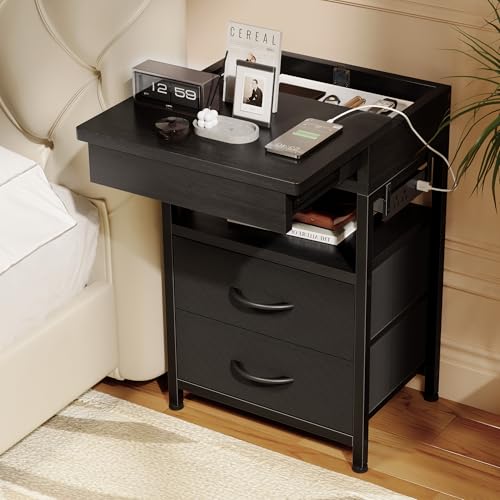 Lazzanto Nightstand Hidden Drawer Charging Table - Night Stand with Charger Station and Sliding Top Storage, Morden Bedside Table with 2 Fabric Drawers, for Dorm Living Room Bedroom, Black - color: Black, size: 2 Drawers