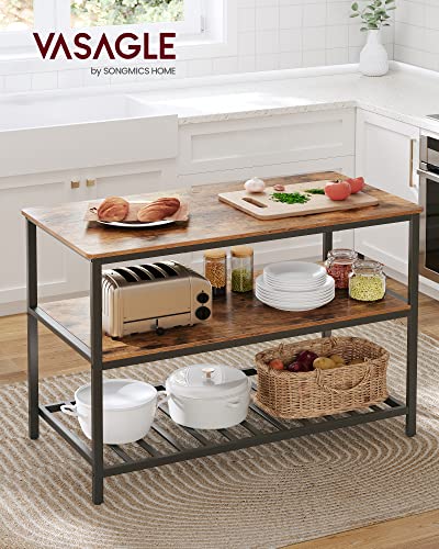VASAGLE Kitchen Island with 3 Shelves, 47.2 Inches Width Kitchen Shelf with Large Worktop, Stable Steel Structure, Industrial, Easy to Assemble, Rustic Brown and Black UKKI01BX - color: Rustic Brown + Black, size: 47.2"W x 35.4"H, style: without Power Out