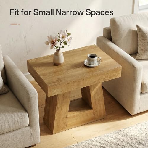 Tribesigns 24" Side Table, Narrow End Table with 2-Tier Storage Shelf, Farmhouse Wooden Nightstand Accent Table with Trapezoid Base for Living Room, Bedroom, Small Spaces, Natural Oak Color - color: Natural Oak
