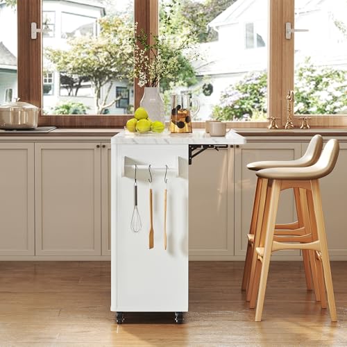 weselon 47" Mobile Kitchen Island with Storage, Rolling Kitchen Cart with Drop Leaf, Kitchen Island on Wheels with 2 Drawers & Adjustable Shelves, Towel Rack & Hooks, Faux Marble Top (White)