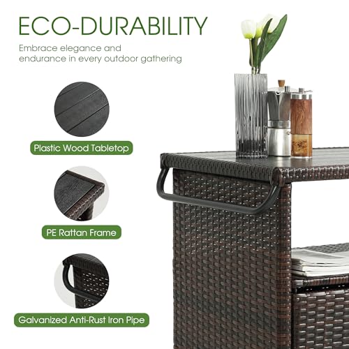 HOMEFUN Outdoor Bar Cart with Storage Cabinet - Outside Bar Table with Wheels Wicker Grill Carts Patio Kitchen Island Table Weatherproof Prep Stand, Brown - color: 09-brown