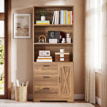 IRONCK Bookshelf with Doors and 3 Drawers 71 in Tall Bookshelf with Storage, Industrial Book Shelf with 3-Tier Shelves for Living Room Entrance Hallway Home Office - color: Oak Brown