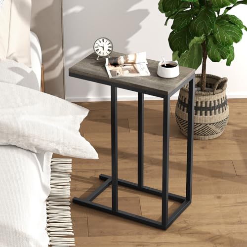 Giantex C Shaped End Table Set of 2, Small Side Tables for Sofa, Couch Tables that Slide Under with Metal Frame, Industrial TV Tray Table for Small Spaces, C Table for Living Room Bedroom, Greige - color: Greige
