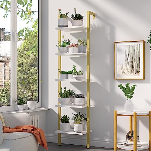 YMYNY 5 Tiers Ladder Bookcase, Industrial Wall Mounted Bookshelf, Open Display Rack with Metal Frame, Wooden Storage Shelves for Bedroom, Home Office, Living Room, White+Gold, 70*17.3*11.8"UHBC015W - color: White and Gold