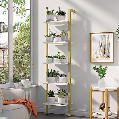 YMYNY 5 Tiers Ladder Bookcase, Industrial Wall Mounted Bookshelf, Open Display Rack with Metal Frame, Wooden Storage Shelves for Bedroom, Home Office, Living Room, White+Gold, 70*17.3*11.8"UHBC015W - color: White and Gold