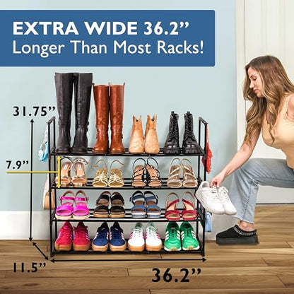 Sundaze Shoe Rack - 4 Tier Metal Shoe Rack for Front Door Entrance, Sturdy Long Shoe Organizer for Closet, Bedroom, Entryway, Garage, Black Metal Shoe Shelf, Holds Up to 20 Pairs