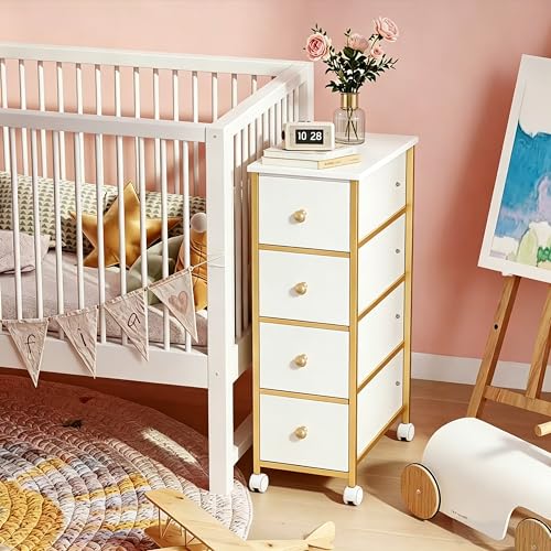 Narrow Storage Cabinet, Narrow Nightstand Dresser with 4 Drawers, Slim Fabric Dresser Storage Tower for Small Spaces, Gold Dresser for Bedroom, Bathroom, Laundry, Closet