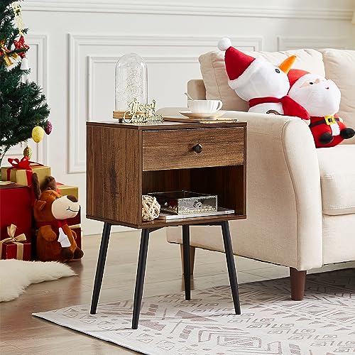VECELO Nightstands Set of 2, Mid Century Modern End Bedside Table, Night Stand with Storage Drawer and 2 Tiers Open Shelf for Small Place, Bedroom, Living Room, Easy Assembly, Rustic Brown - color: Rustic Brown