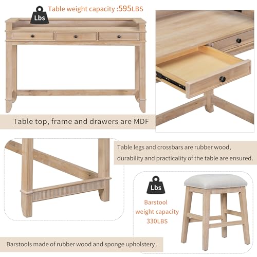 4-piece Dining Bar Table Set with 3 Upholstered Stools, Rubber Wood Counter Height Multifunctional Dining Table with 3 Drawers and USB Port, Side Table with Footrest Pub Kitchen Set (Natural-N2) - color: Natural-n2