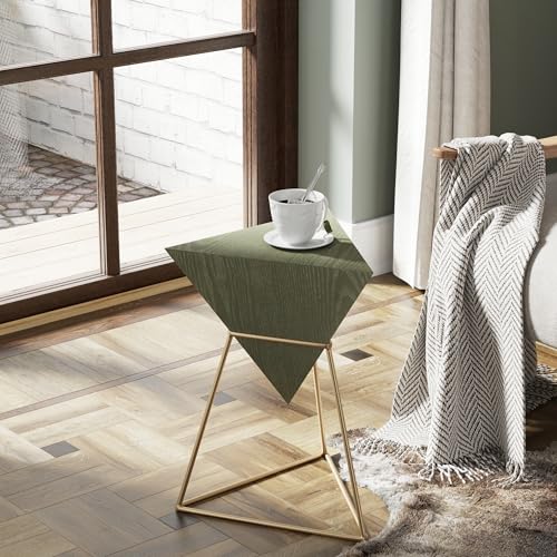 COZAYH Modern Geometric End Table with Wooden Top and Golden Metal Base, Unique Pyramid Side Table Plant Stand for Office, Living Room, Bedroom, Fully Assembled, Triangle, Green - color: Green