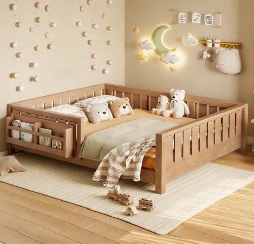 Bellemave Kids Full Floor Bed with Built-in Bookshelf and High Fence, Montessori Bed for Boys, Girls,Safety Pine Wood,No Box Spring Needed(Full,Natural,Bookshelf) - color: Natural, size: Full-Bookshelf