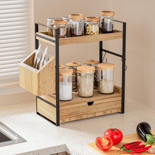 2-Tier Bathroom Counter Organizer, Wooden Vanity Shelf with Drawer & Basket | Pre-Drilled Holes, Skincare & Makeup Countertop Organizer and storage - color: Light Brown