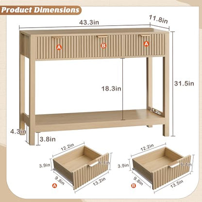 Nasonet Fluted Console Table, Wooden Sofa Table with Storage and Drawers, Farmhouse Behind Couch Table Entryway Table for Entrance, Hallway, Living Room, Oak - color: Oak, style: Modern