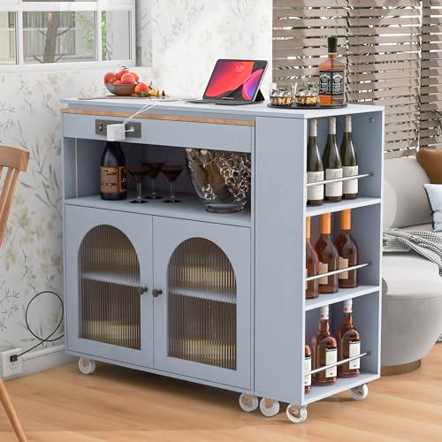 Rolling Kitchen Island with Extendable Swivel Table and Power Outlet, Kitchen Island on Wheels with Storage Cabinet, Fluted Glass Doors and Open Shelves for Small Spaces, Grey-Blue - color: Grey-blue