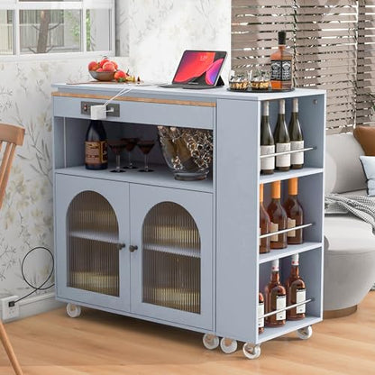 Rolling Kitchen Island with Extendable Swivel Table and Power Outlet, Kitchen Island on Wheels with Storage Cabinet, Fluted Glass Doors and Open Shelves for Small Spaces, Grey-Blue - color: Grey-blue