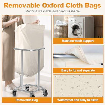 Hodonas Laundry Basket with Wheels, 115L Rolling Laundry Hamper Large Dirty Clothes Hamper Cart with Steel Frame and Removable Bag, Bedroom Bathroom Dorm Room Laundry Room Organization Hampers, Beige - color: Beige