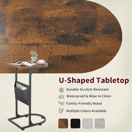 C Shaped End Table, Slide Under Small Side Table for Couch & Small Spaces | Wobble-Free C Table, Rustic Brown, Storage Bag, Sturdy Metal Frame, Wood Top, For Living Room Bedroom, 15-Min Quick Assembly - color: Classic Rustic Brown