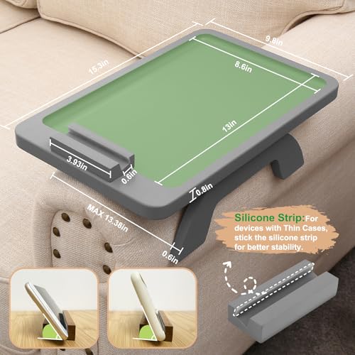 SINWANT Couch Armrest Table,Bamboo Couch Arm Tray with 360° Rotating Phone Holder,Anti Slip Foldable Sofa Arm Tray for Eating Drinking Snacks Remote on Armrest 15.35"x9.85" - color: Gray