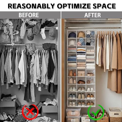 Hanging Shoe Closet Organizer, 30 Sections Hanging Closet Organizers and Storage Shelves with 6 Mesh Pockets, Space Saving Shoe Rack Holder Hanger, White - color: White