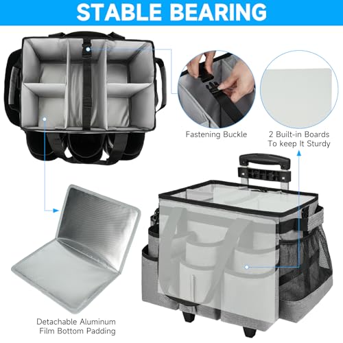 Large Rolling Cleaning Caddy Bag with Detachable Trolley,Cleaning Cart on Wheels with Shoulder Strap,Cleaning Supplies Organizer for Housekeepers,Gray - color: Grey