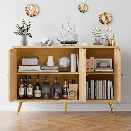 Buffet Sideboard Cabinet with Set of 2 Storage, Kitchen Storage with 3 Rattan Decorated Doors, Accent Cabinet for Dining Room, Living Room, Entryway, Hallway, Natural