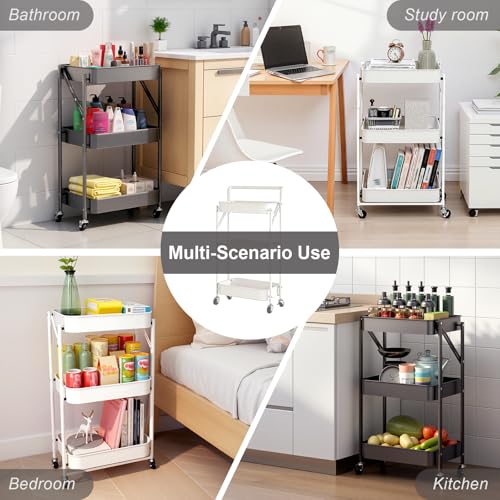 3-Tier Metal Foldable Rolling Cart with Wheels, Heavy Duty No Assembly Required, Space Saving Multi-Purpose Utility Trolley for Kitchen Bathroom Office Dorm Living Room Balcony (Black, Handheld) - color: Black