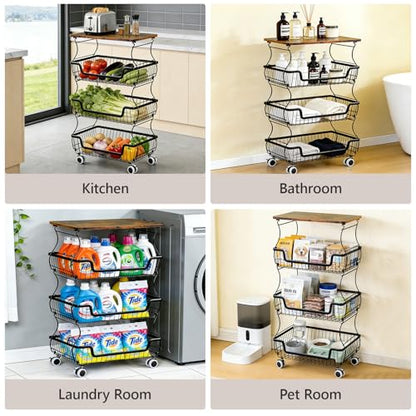 Utility Rolling Cart 4-Tier Metal Storage Organizer Cart with Wooden Top Snack Rack Pantry Cart with Wheels for Kitchen, Bathroom, Office, Bedroom, Living Room, Black - size: 4-Tier