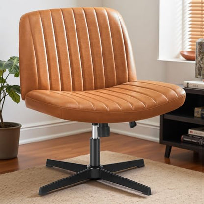 OLIXIS Criss Cross Office Chair, Vanity Chair, Home Office Desk | Wide Seat, Height Adjustable, PU Leather Padded, Armless No Wheels, Bedroom, Study Room, Brown Dual Base - color: Brown Dual Base
